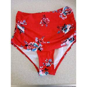 Cocoship High Waist Swimsuit Bottom Red Floral‎ Print Ruched Size 6